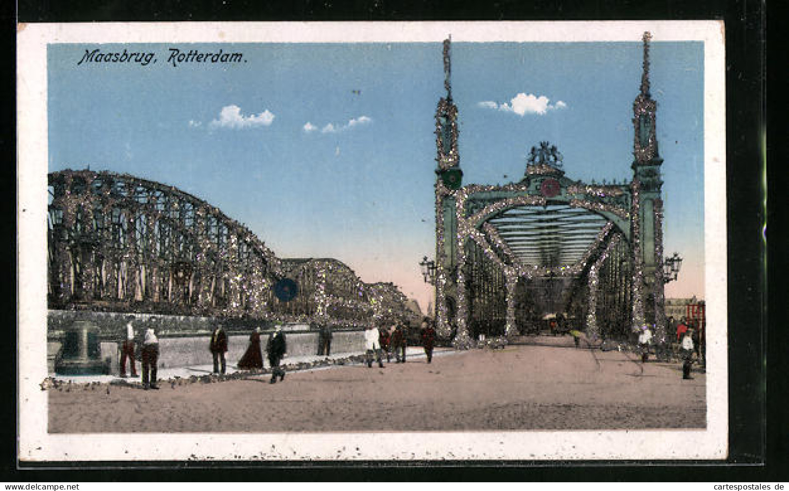 Glitzer-Perl-AK Rotterdam, Maasbrug mit Glitzer-Perlen