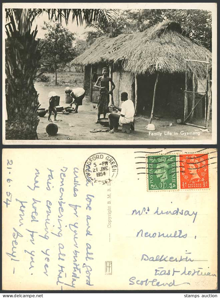 Gold Coast Ghana 1954 Old Postcard Family Life in Gyamang, Native House Hut Boys