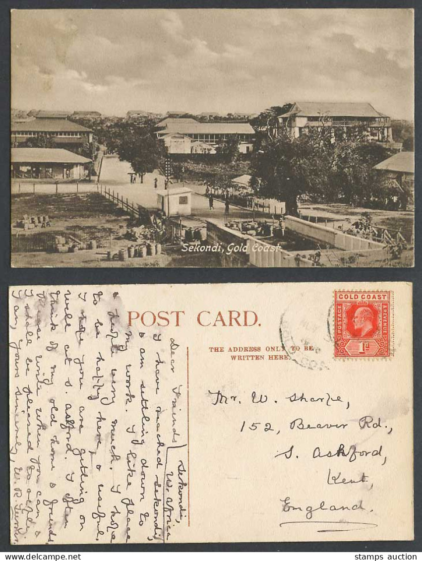 Gold Coast Ghana KE7 1d stamp 1906 Old Postcard Sekondi, Street Scene, Panorama