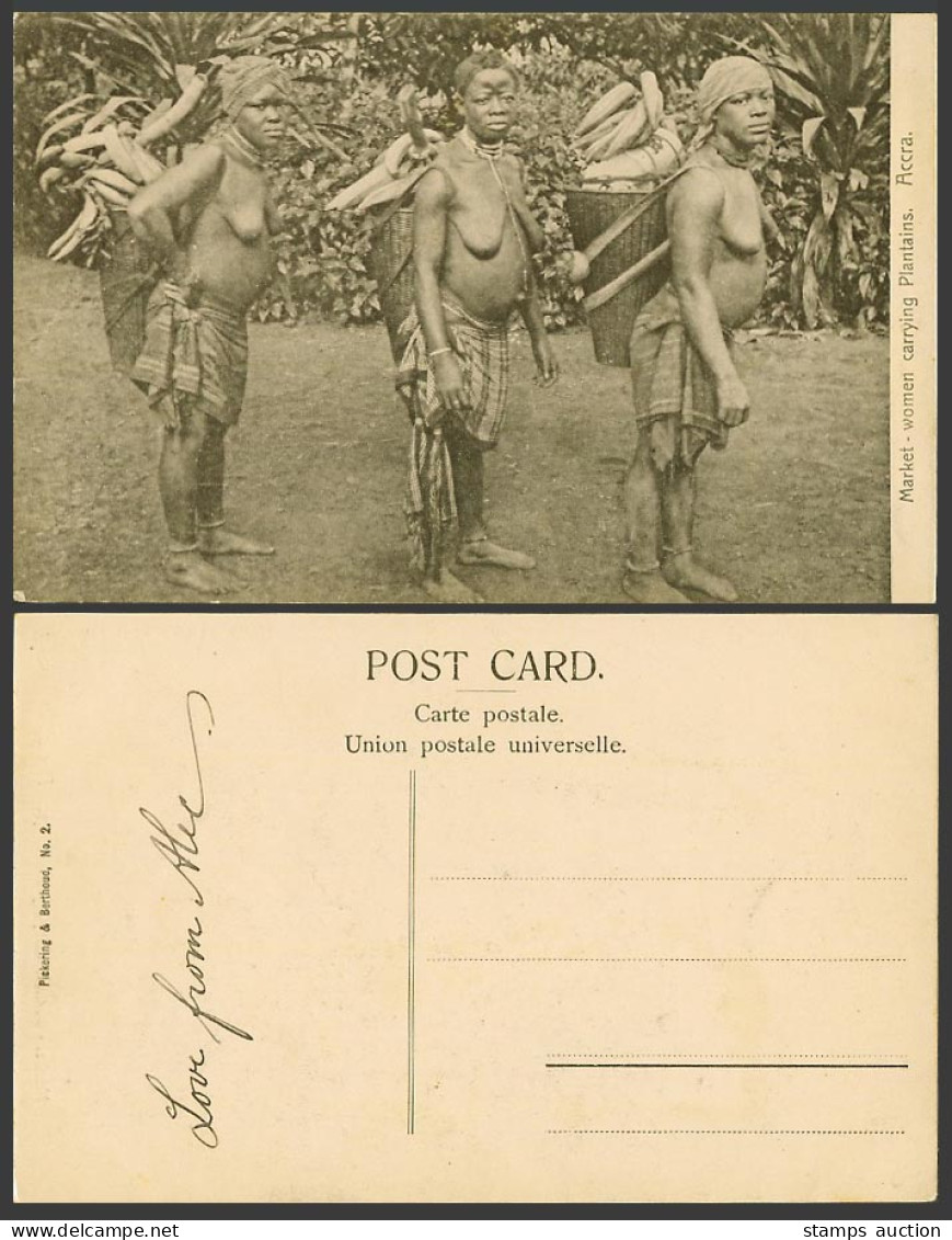 Gold Coast Ghana Old Postcard Accra Market, Native Women Carrying Plantains No.2