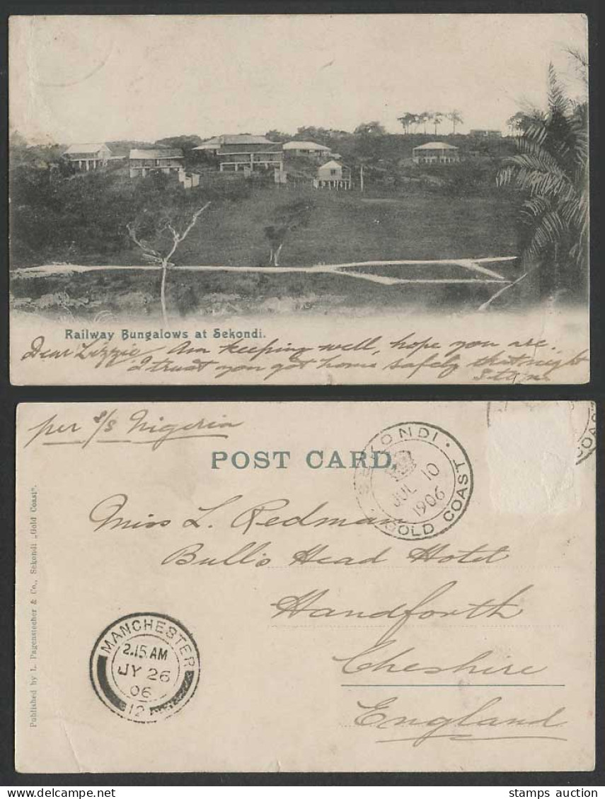 Gold Coast Ghana s/s Nigeria 1906 Old U.B. Postcard Railway Bungalows at Sekondi