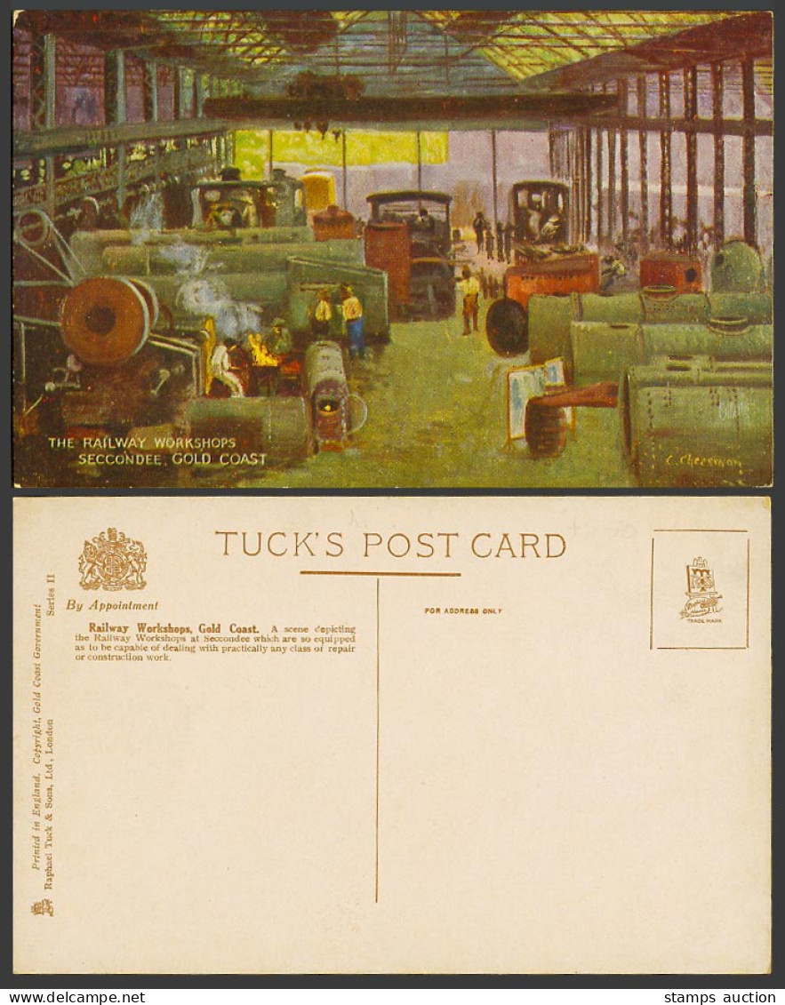 Gold Coast Ghana SECCONDEE Railway Workshops Old Tuck's Postcard C. Cheeswan Art