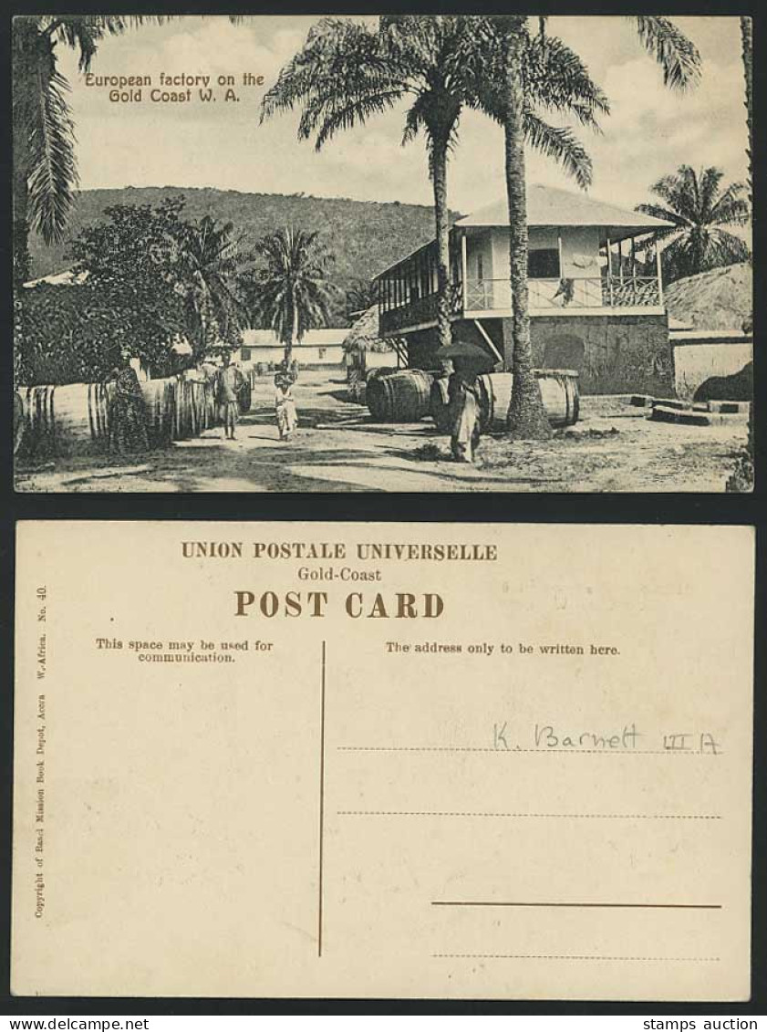 Gold Coast Old Postcard European Factory W.A. Natives, Palm Trees, Street Scene