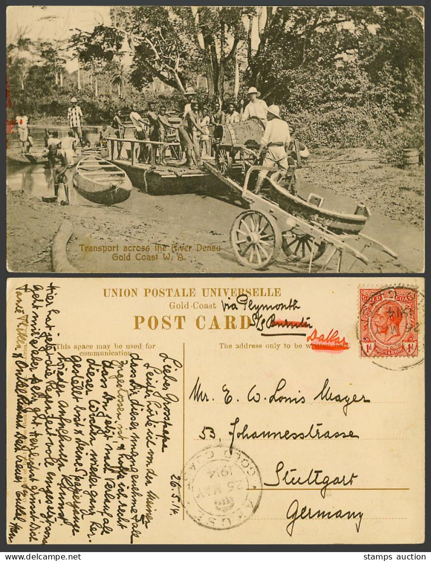 Gold Coast WA KG5 1d 1914 Old Postcard Transport across River Densu, Boats, Cart