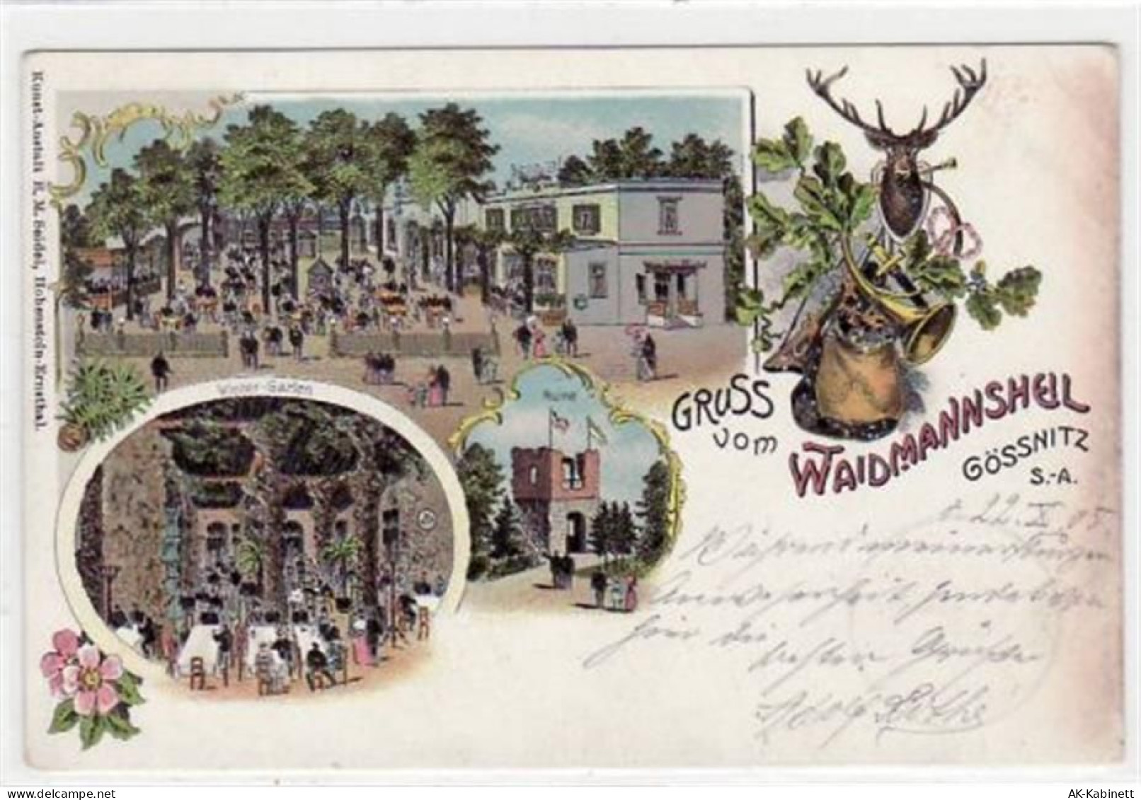 Gößnitz, Lithographie mit Restaurant Waidmannsheil, Winter - Garten und ... - 39021251