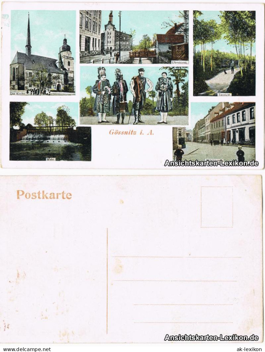 Gößnitz Mehrbild: Kirche, Uferstraße, Mittelstraße, Trachten und Wehr 1918
