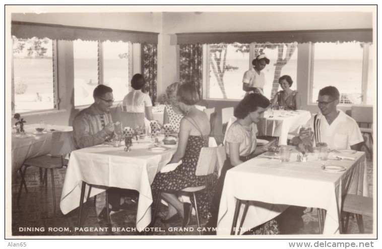 Grand Cayman Island Pageant Beach Hotel Dining Room Interior View, c1950s/60s Vintage Real Photo Postcard