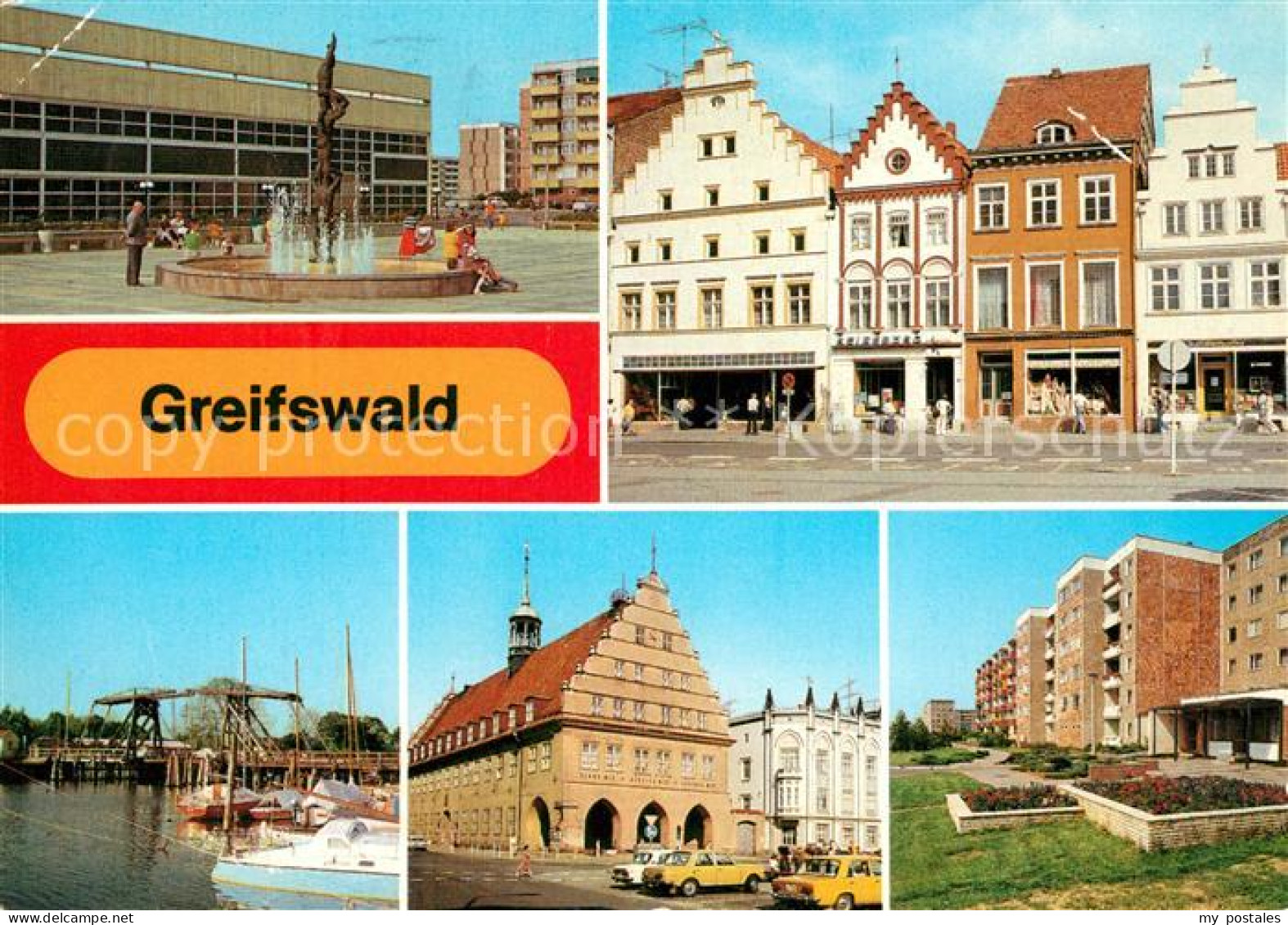 Greifswald Plastik vor Sporthalle Platz der Freundschaft Wiecker Bruecke Rathaus