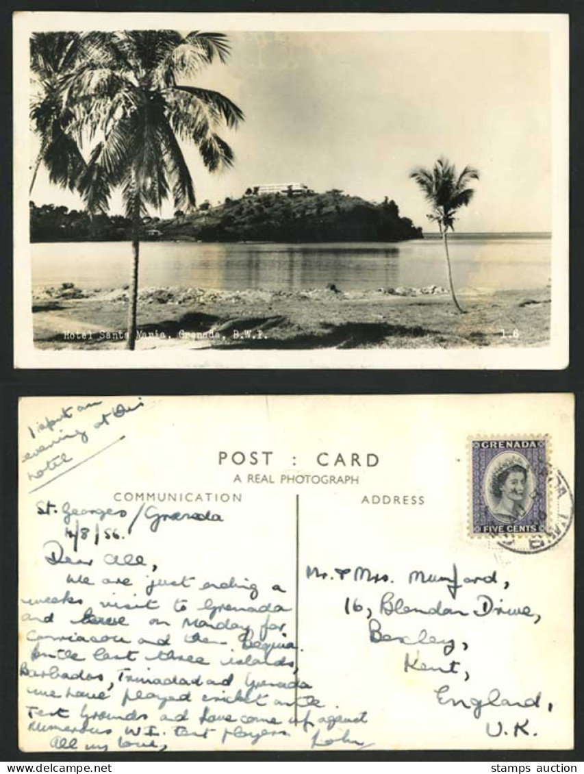 Grenada, HOTEL SANTA MARIA B.W.I QEII 5c 1956 Old Real Photo Postcard Palm Trees