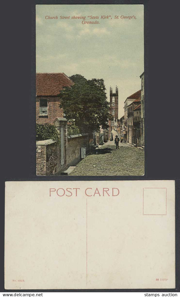 Grenada Old Postcard Church Street Scene, Scots Kirk, St. George's, Clock Tower