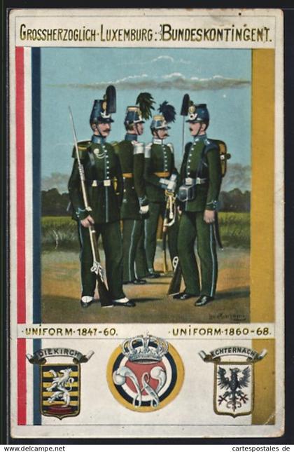 Künstler-AK Grossherzoglich Luxemburg. Bundeskontingent, Uniform 1847-60 und 1860-68, Wappen