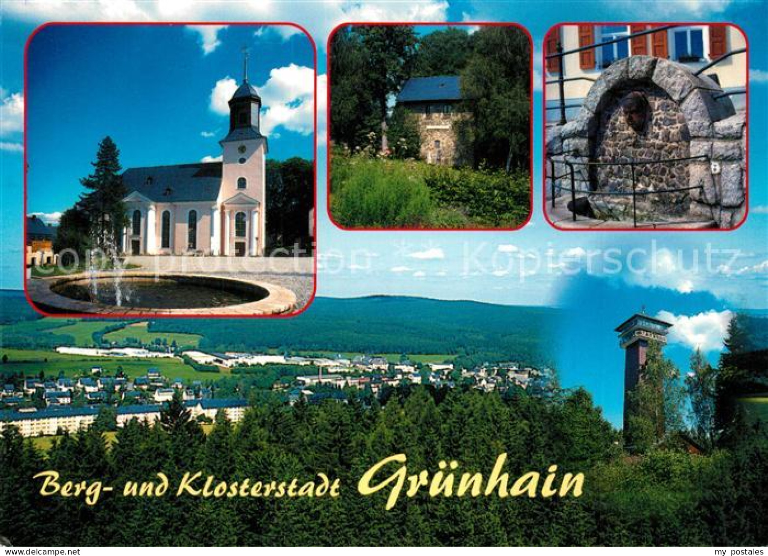 Gruenhain Erzgebirge Stadtkirche St Nikolaus Fuchsturm Moenchsbrunnen Spiegelwal