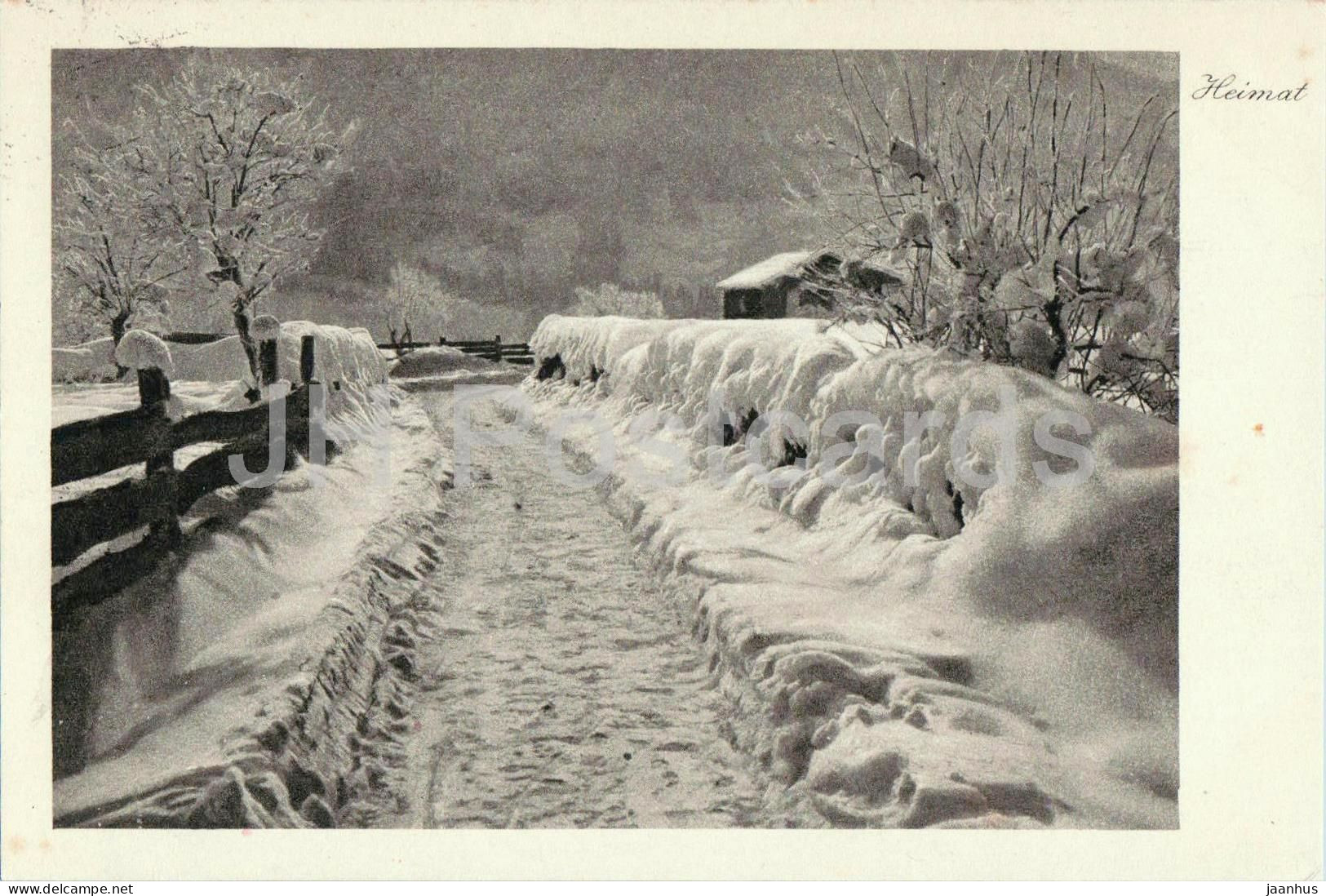 Grusch - Heimat series - snowy landscape with fence and hut - winter scene - old postcard - 1921 - Switzerland - unused