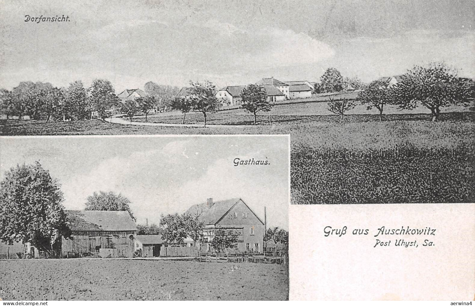 Gruß aus Auschkowitz Post Uhyst Sa. Gasthaus Dorfansicht Burkau Bautzen AK