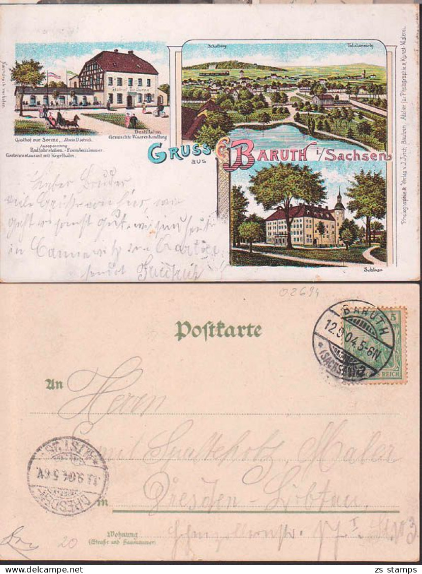 Gruss aus Baruth i. Sachsen, Litho 12.9.1904, Gasthof zur Sonne, Schloss, Schafberg, u. kaum sichtbar 5 mm Riss