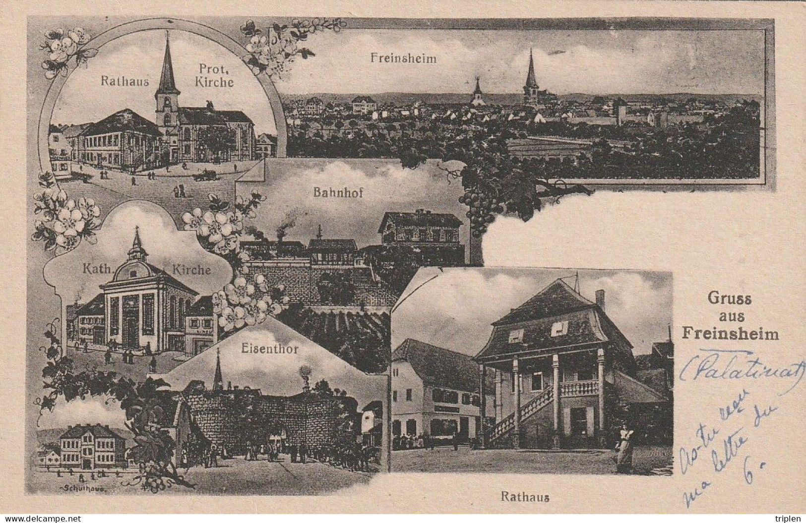 Gruss aus Freinsheim - Rathaus, Bahnhof, Schulhaus... Litho