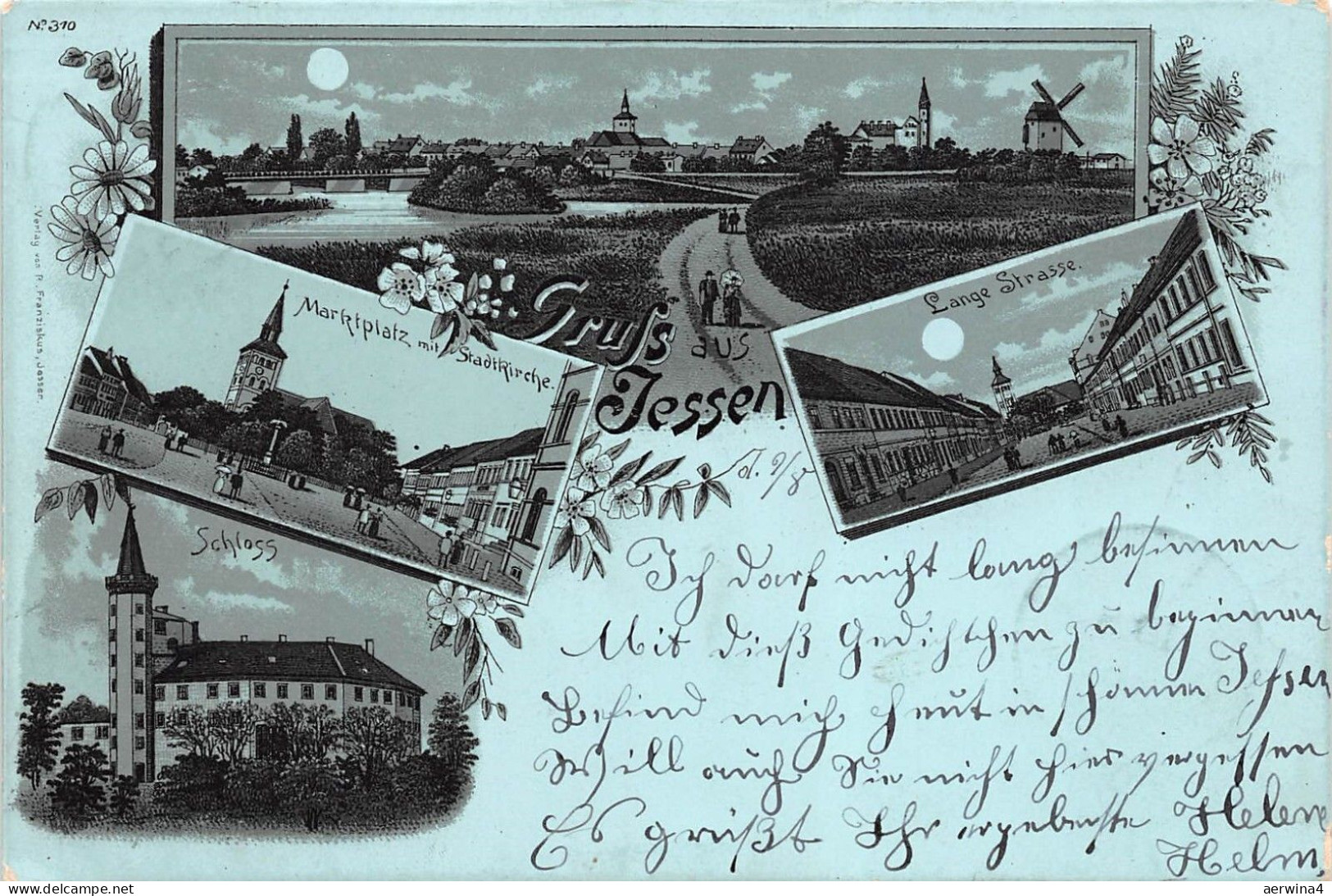 Gruss aus Jessen Lange Strasse Schloss Marktplatz Litho Postkarte AK 1898