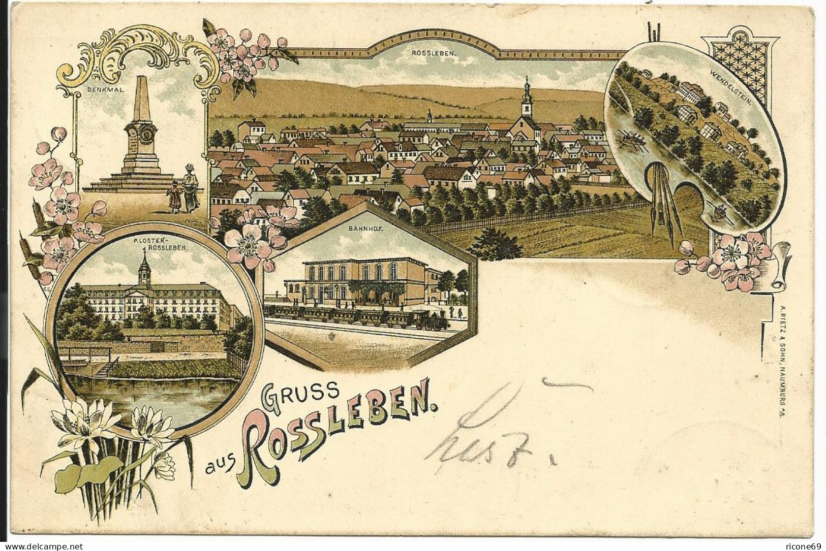 Gruss aus Rossleben, 1898 gebr. Litho AK m. Bahnhof u. Zug.