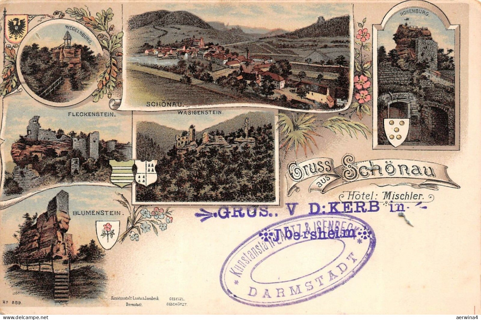 Gruss aus Schönau Hotel Mischler Wegelnburg Fleckenstein Blumenstein AK