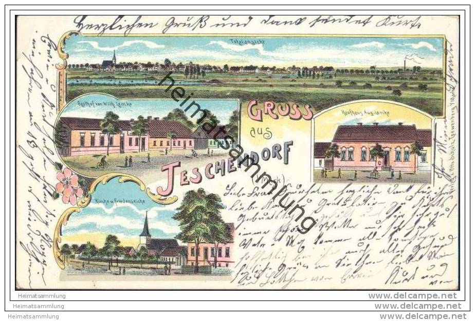 Gruss aus Teschendorf in der Mark - Farblitho. - Gasthof von Wilh. Lemke - Kaufhaus Aug. Lemke