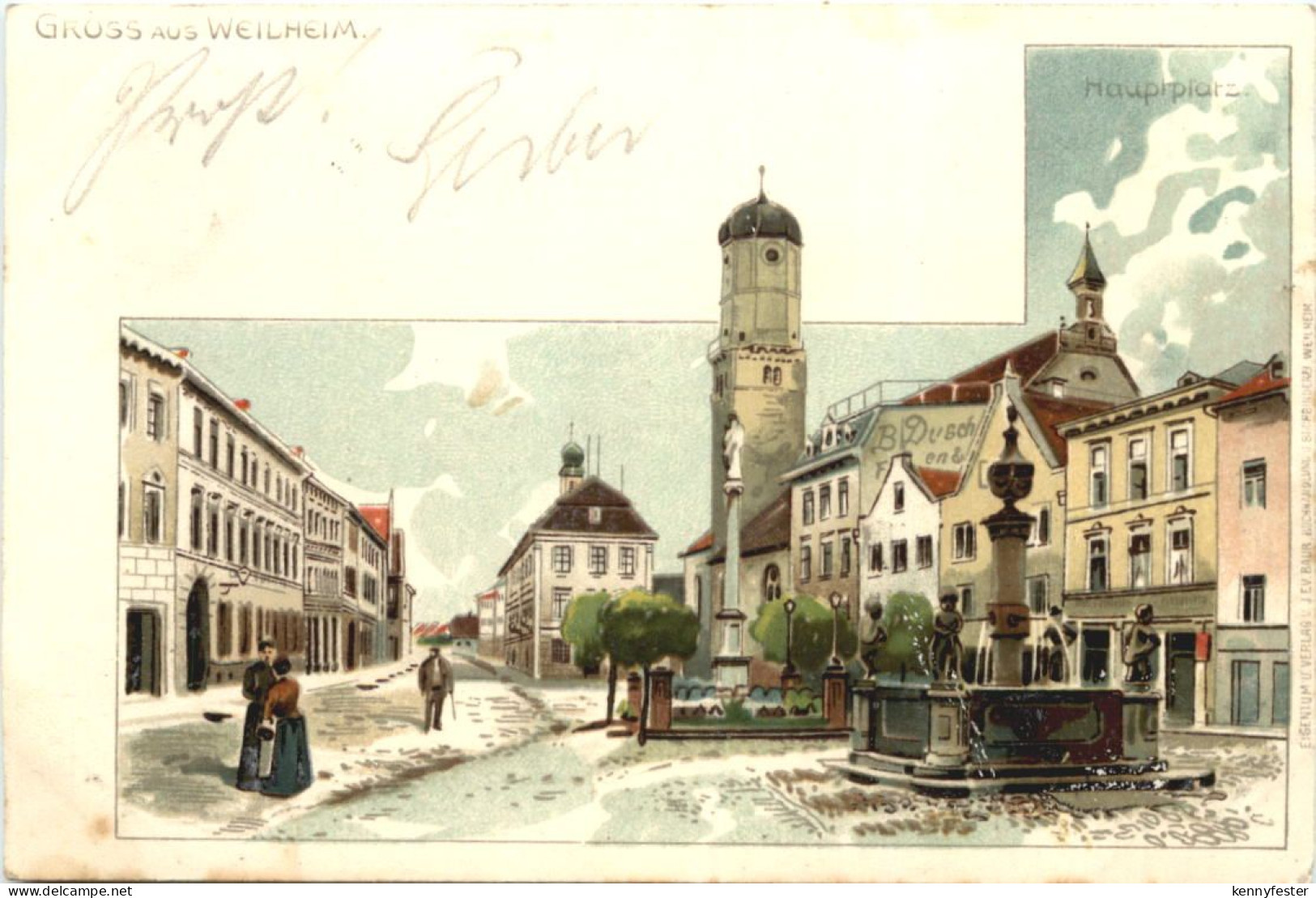Gruss aus Weilheim - Hauptplatz - Litho