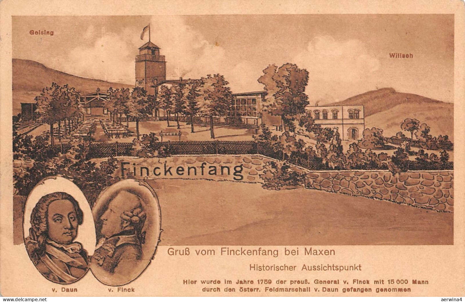 Gruß vom Finckenfang bei Maxen Historischer Aussichtspunkt Postkarte AK
