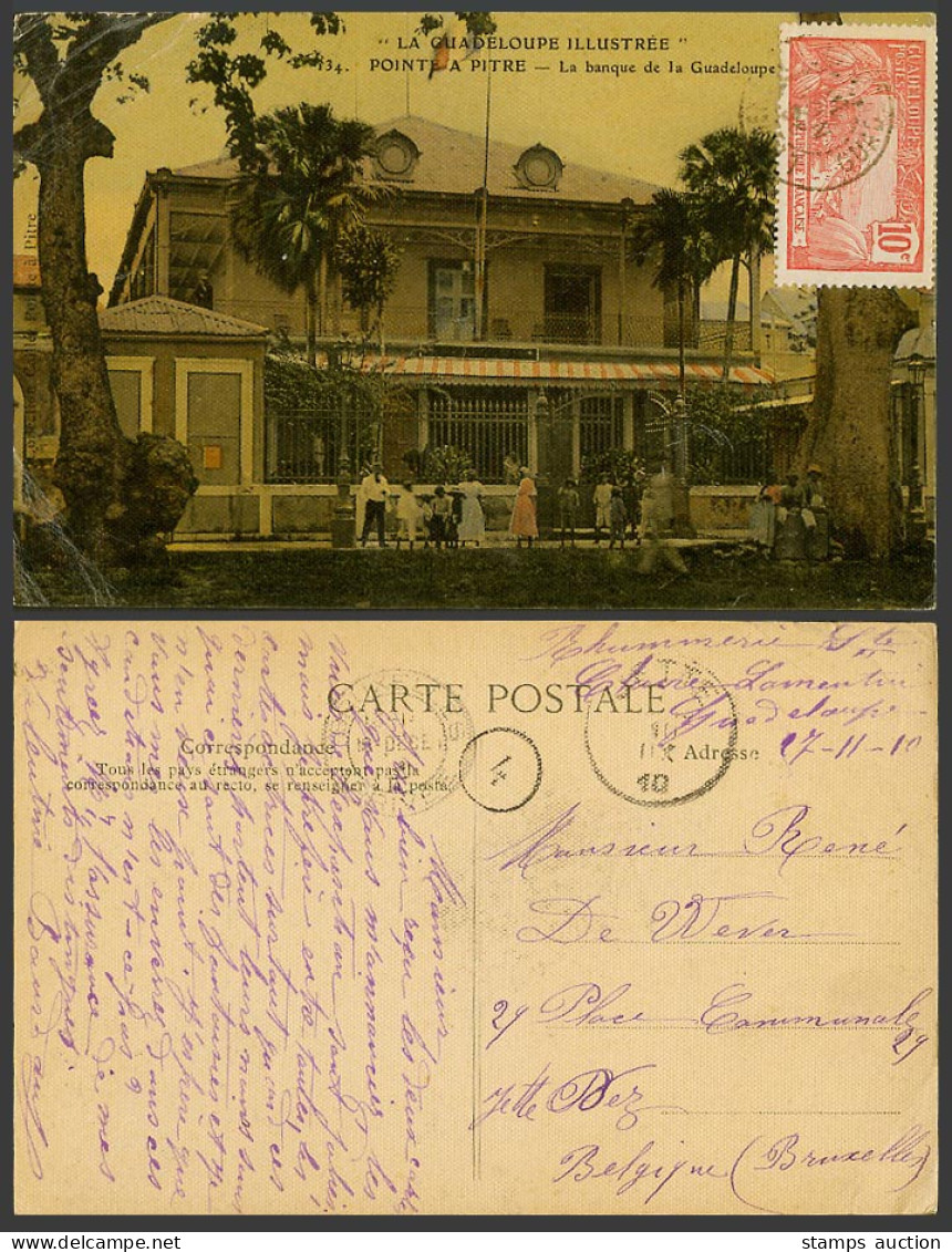 Guadeloupe 10c 1910 Old Postcard POINT A PITRE Banque de la Guadeloupe Bank Flag