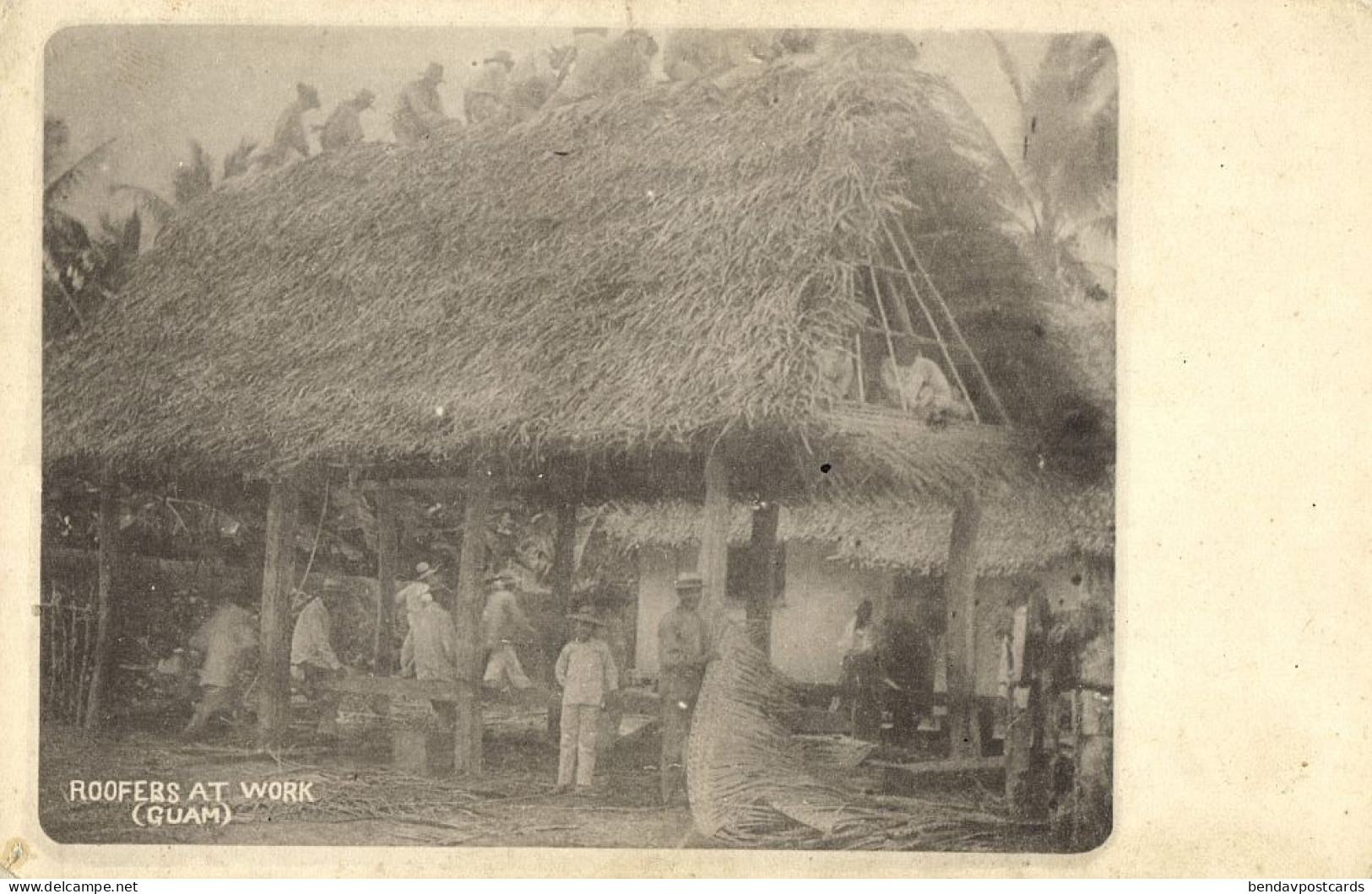 Guam, Roofers at Work (1900s) Micronesia Postcard