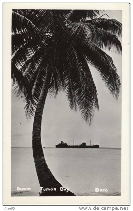 Guam, Tumon Bay, Ship in Harbor on c1940s/50s Vintage Real Photo Postcard