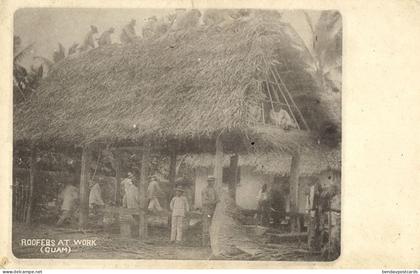 Guam, Roofers at Work (1900s) Micronesia Postcard