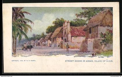 Künstler-AK Assan / Island of Guam, Street Scene, Häuserpartie an einer Strasse