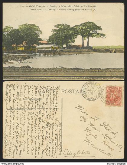 French Guinea 10c 1908 Old Postcard Conakry, Official Landing Place & French Co.