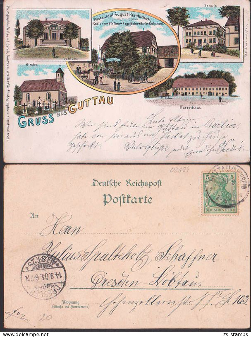 Guttau Gruss aus,  Litho mit Schloss, Herrnhaus, Restaurant Augut Krautschick 1904