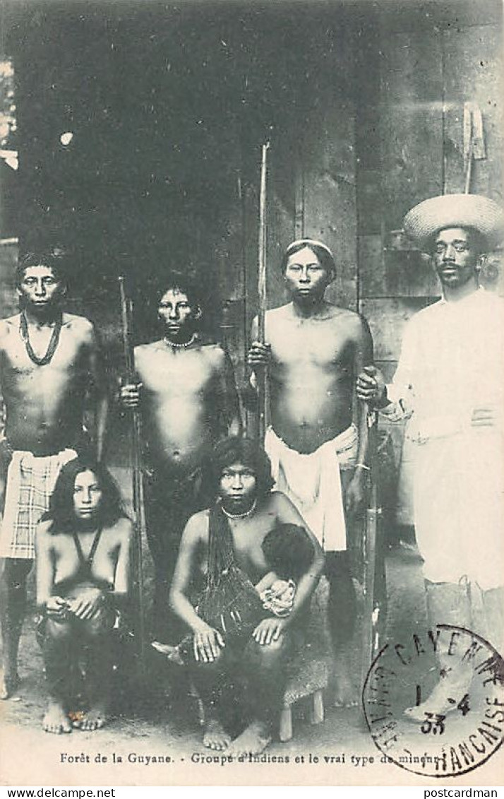 Guyane - Forêt de la Guyane - Groupe d'indiens et le vrai type de mineur - Ed. Bruère-Dawson - La Conscience