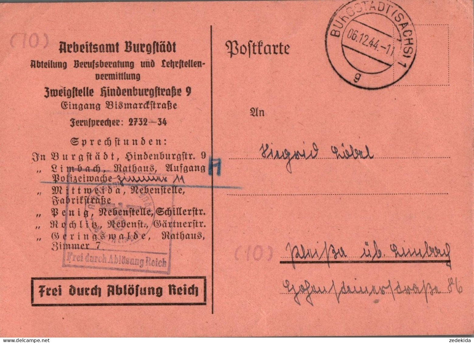H4372 - Burgstädt Arbeitsamt - Postkarte Freistempel