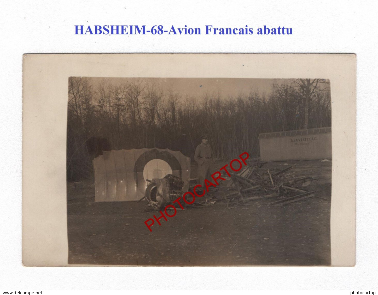 HABSHEIM-68-Avion Francais abattu-Aviation-FLIEGEREI-Aircraft-CARTE PHOTO Allemande-GUERRE 14-18-1 WK-MILITARIA-