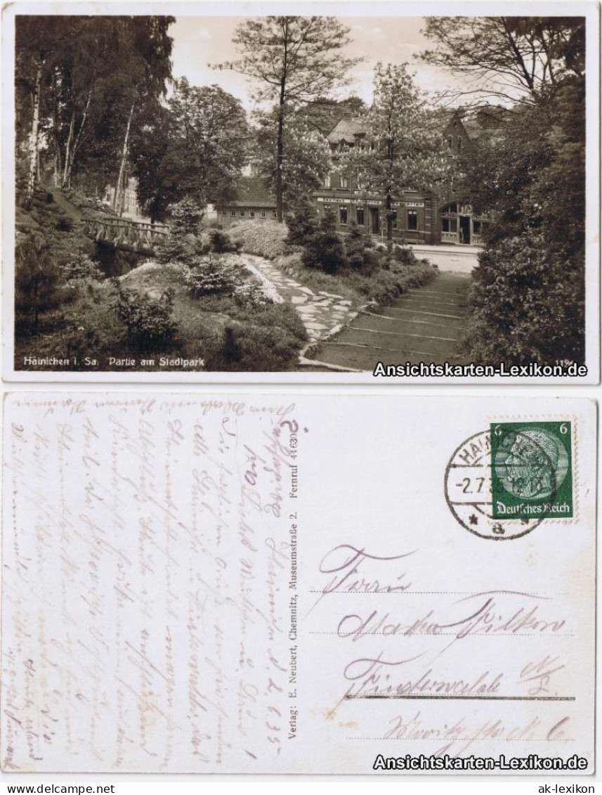Hainichen Partie im Stadtpark - Blick auf Gasthaus Kronprinz 1935