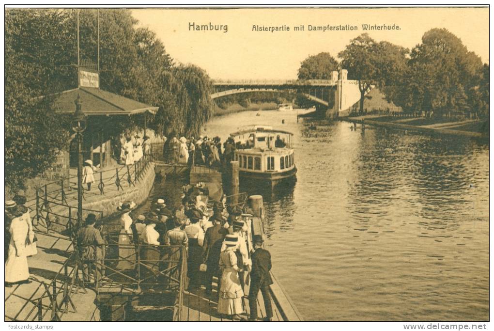 Hamburg, Alsterpartie mit Dampferstation Winterhude, um 1910/20