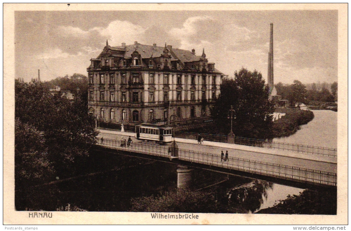 Hanau, Wilhelmsbrücke mit Strassenbahn, Feldpost 1914