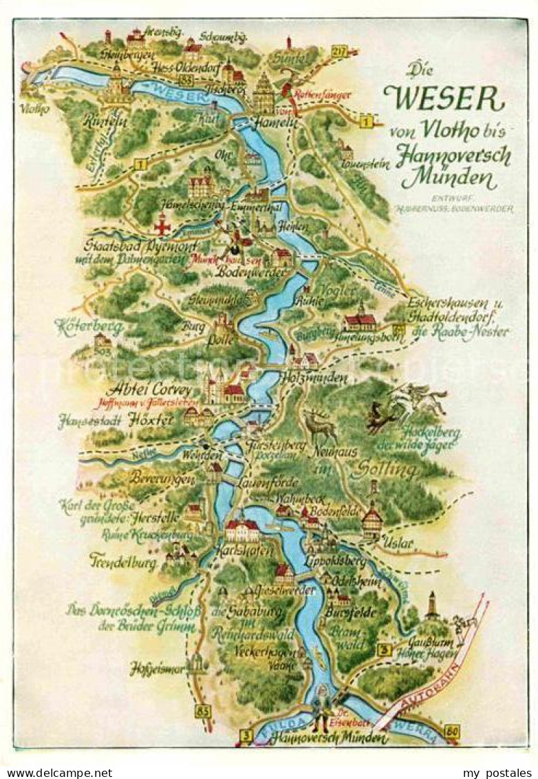 Hannoversch Muenden Landkarte Die Weser von Vlotho bis Hann. Muenden