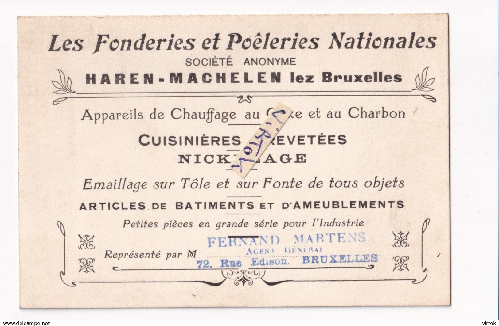 Haren-Machelen lez Bruxelles : Les fonderies et poeleries nationales-nickelage    (reclame kaart  -  carte publicitaire)