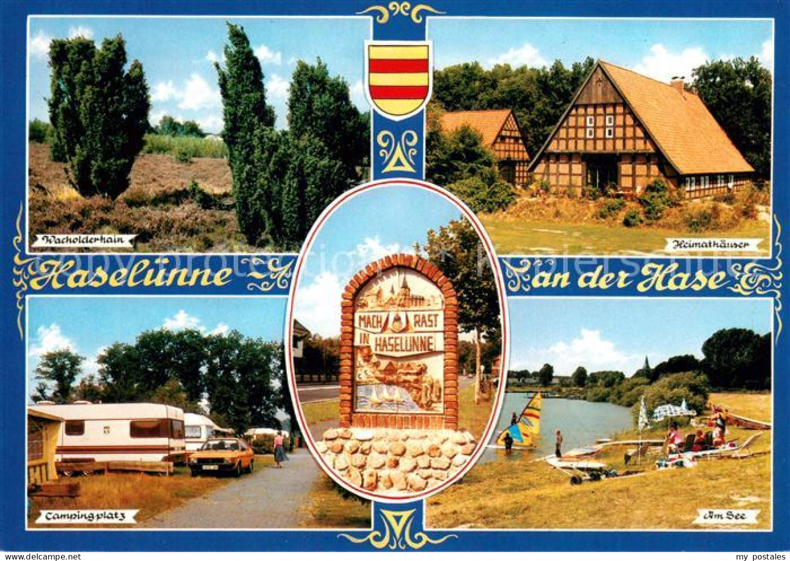 Haseluenne Wacholderhain Heimathaeuser Uferpartie am See Campingplatz