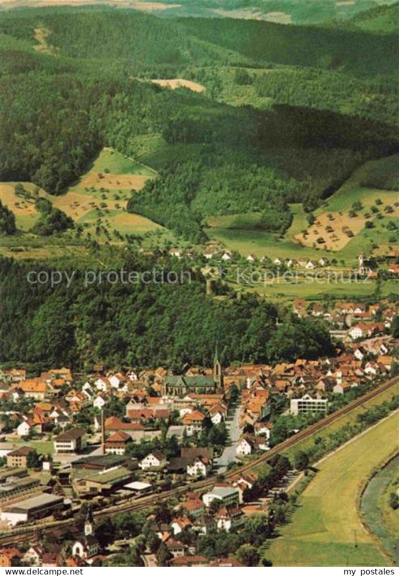 Hausach Spitzfelsen Schwarzwald Kirche Bahnlinie Wohnhaeuser Wald Huegel Flussla