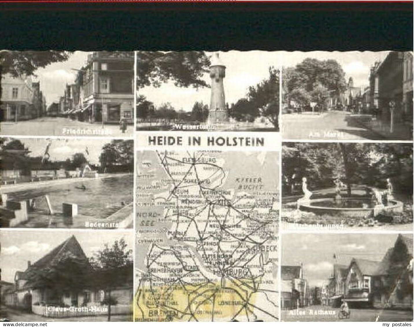 Heide Holstein Heide in Holstein Bad Rathaus Markt Brunnen ungelaufen ca. 1955