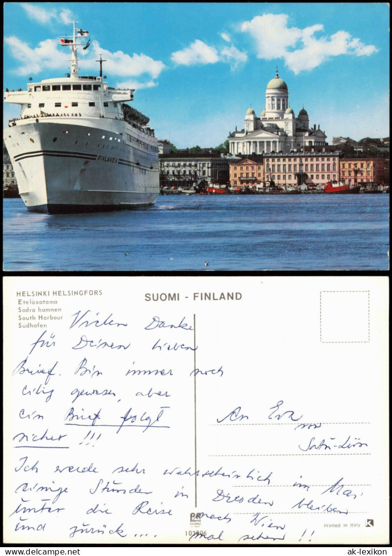 Helsinki Helsingfors Südhafen Etelä-satamasta mit Schiff FINLANDIA 1980