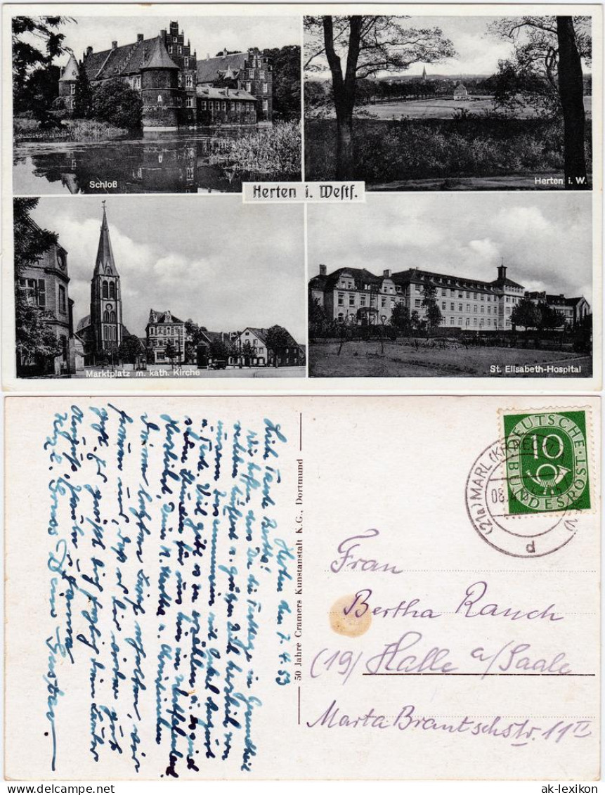 Herten (Westfalen) 4 Bild: Schloß, Panorama, Markt, Hospital 1952
