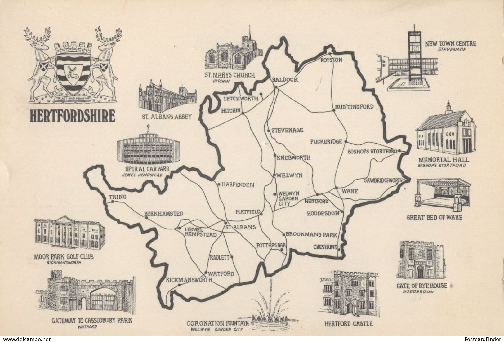 Hertfordshire Old 1971 Car Park Map Postcard