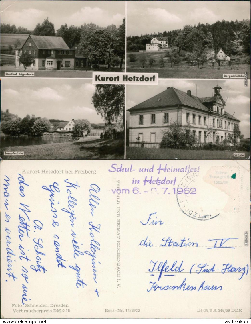 Hetzdorf-Halsbrücke Gasthof Jägerhorn, Bergschlößchen, Sumpfmühle, Schule 1959