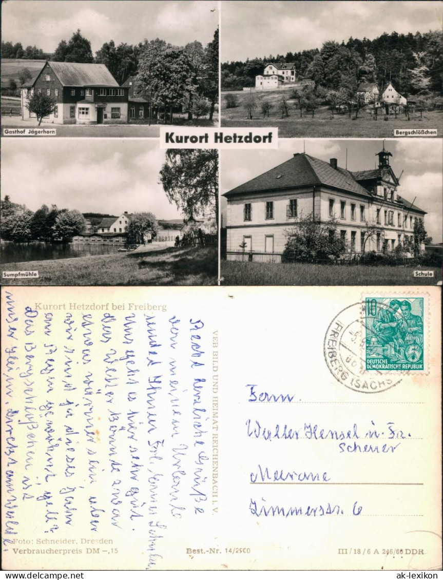 Hetzdorf-Halsbrücke Gasthof Jägerhorn, Bergschlößchen, Sumpfmühle, Schule 1960