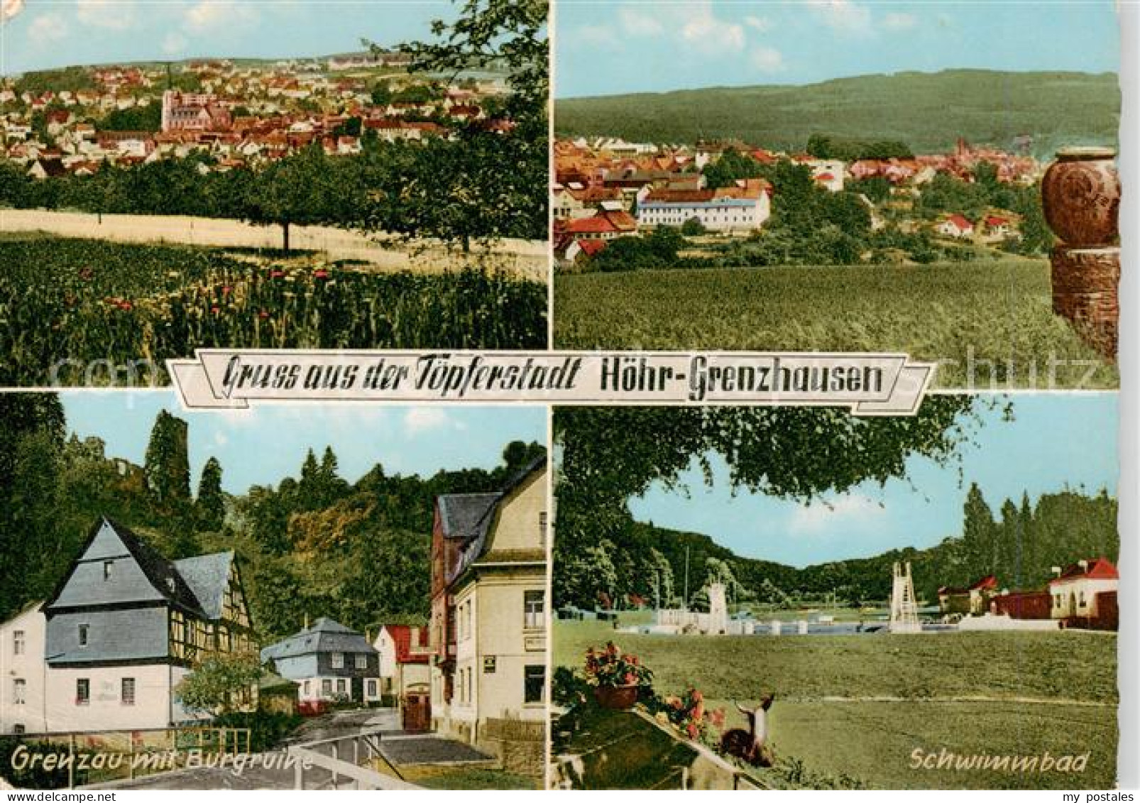 Hoehr-Grenzhausen Panorama Grenzau mit Burgruine Schwimmbad